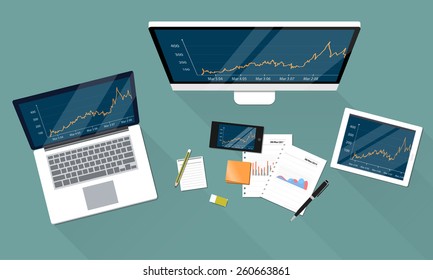 business financial investment and report graph on electronic device work space 