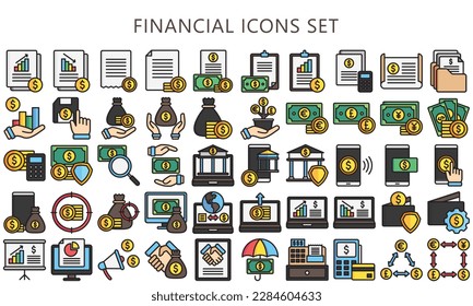 Business and financial lineal multi color icons set, contain money, currency, dollar, report, finance and more. use for modern concept, UI or UX kit, web and app. vector EPS 10 ready convert to SVG. svg