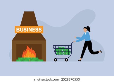 Business Financial Loss Concept - Money Burned in Unprofitable Investment 2d flat vector illustration