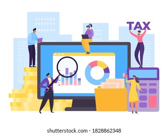 Business financial management, money tax service vector illustration. People character accounting and analysis flat design. Report chart at computer, finance income technology concept.