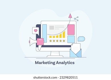 Business, financial and marketing statistics, Business growth, Digital marketing report analysis, Data driven marketing - outline creative vector illustration with icons