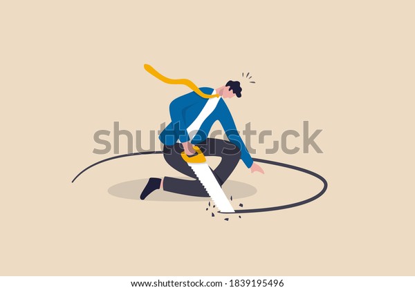 Business or financial mistake, wrong decision or\
stupidity make problem and situation worst concept, foolish\
frustrated businessman sawing the floor to self sabotage or make\
himself fall with\
failure.