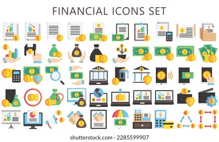 Business and financial multi color icons set, contain money, currency, dollar, report, finance and more. use for modern concept, UI or UX kit, web and app. vector EPS 10 ready convert to SVG. svg
