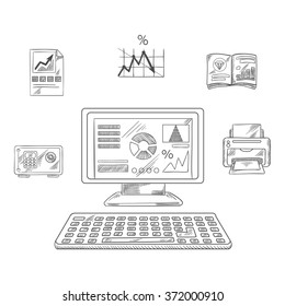 Business, financial and office printer, laptop computer, report and chart, graph, folder and safe box. Vector sketch