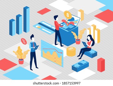 Business financial profit growth isometric concept vector illustration. Cartoon 3d tiny analyst business people working, analyzing growing graph arrow chart, planting money plant in pot background