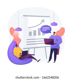 Business financial report. Entrepreneurs cartoon characters writing business plan, analyzing data and statistics. Graphic, information, research. Vector isolated concept metaphor illustration