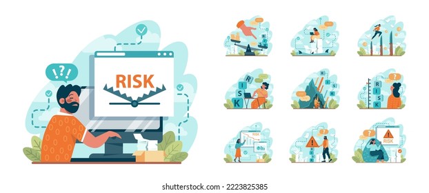 Business or financial risk concept set. Challenge, danger or difficulty to overcome. Idea of business strategy and financial protection. Flat vector illustration