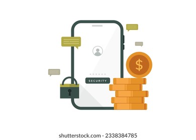 business financial security, stacked dollar coins, commen key combination, padlock, vector illustration