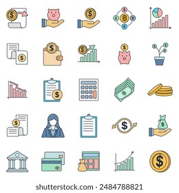 Conjunto financiero de negocios, Iconos incluidos como calculadora, gráfico, dinero, inversión y más símbolos colección, logotipo aislado Ilustración vectorial