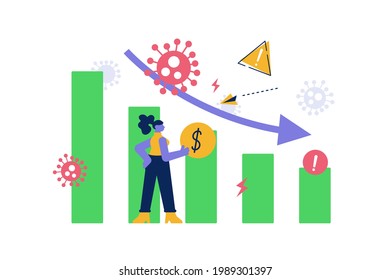 Business And Financial Stock Market Crisis And Coronavirus. Economic Collapse, Rating Decrease Or Bankruptcy Concept. Vector Woman Near Stock Market Crush Caused By Covid Outbreak Flat Illustration