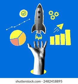 Business and financial success concept. Modern collage with halftone hand holding a launching rocket, sales chart icons. Income growth. Successful startup. Increasing profits illustration