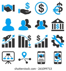 Business and financial symbols. These commercial icons use modern corporate light blue and gray colors. White color is not used inside pictograms.