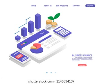 business financial system, isometric concept. there are bar graph, money coin, mobile payment, web page and pie graph. vector illustration