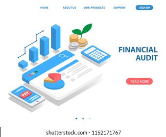 business financial system, isometric concept. there are bar graph, money coin, mobile payment, web page and pie graph. vector illustration