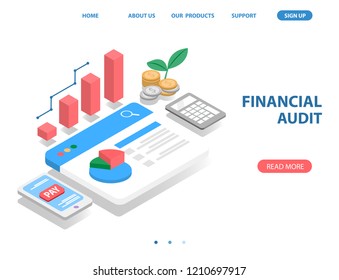 business financial system, isometric concept. there are bar graph, money coin, mobile payment, web page and pie graph. vector illustration