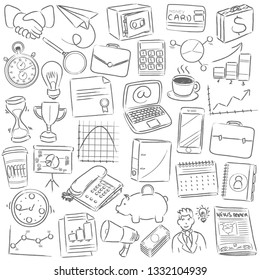 Business and Financial Work Clip Art. Doodle Icons Sketch Hand Made Design Vector.