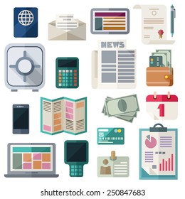 Business and financial work items, equipment, elements, development tools. Colorful vector flat icons set. Isolated objects on white background. Concepts for web and mobile apps. Vector file is EPS8.