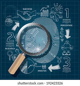 Business Fingerprint doodles line drawing blueprint success strategy plan idea with magnifier.Vector illustration.Focus Success Concept.