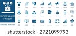 Business and fintech icon set featuring startup, growth, blockchain, digital payment, and corporate management symbols. Clean editable vector illustrations.