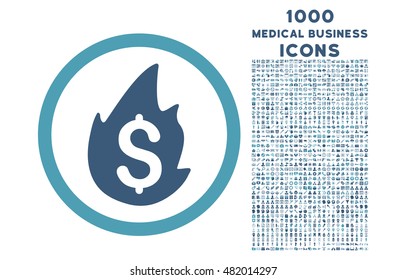 Business Fire Disaster rounded vector bicolor icon with 1000 medical business icons. Set style is flat pictograms, cyan and blue colors, white background.