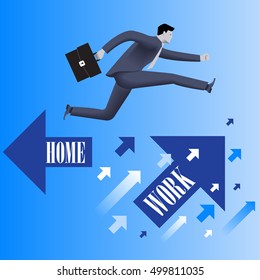 Business first business concept. Confident businessman in business suit with case in his hand jumps from HOME flying arrow to WORK flying arrow. Business before home concept. Vector illustration.