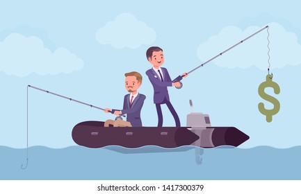 Business fishing for money. Two businessmen trying to catch a dollar symbol, more and less successful manager, different achievements and chance, luck, fortune in market. Vector illustration