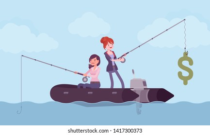 Business fishing for money. Two businesswomen trying to catch a dollar symbol, more and less successful manager, different achievements and chance, luck, fortune in market. Vector illustration