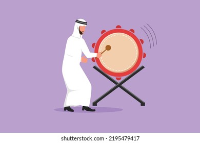 Business flat cartoon drawing Arab man character hitting bedug or traditional drum for suhoor and iftar time Ramadan. Muslim person calling people to pray to mosque. Graphic design vector illustration