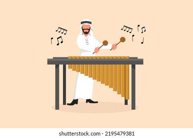 Business flat cartoon drawing Arabian man percussion player character play marimba. Male musician playing traditional Mexican marimba instrument at music festival. Graphic design vector illustration