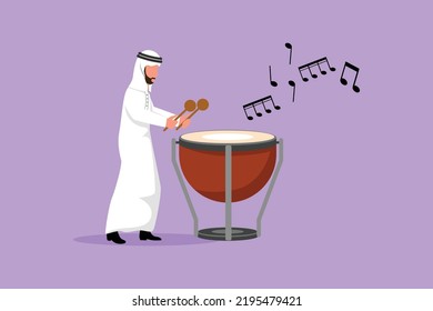 Business flat cartoon drawing Arabian male percussion player play on timpani. Man performer holding stick and playing musical instrument. Musical instrument timpani. Graphic design vector illustration