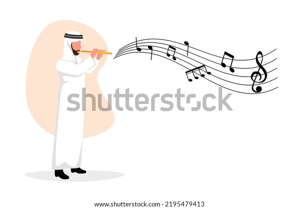Business flat cartoon drawing Arabian male\
musician playing flute. Flutist performing classical music on wind\
instrument. Solo performance of talented flautist. Graphic design\
vector illustration