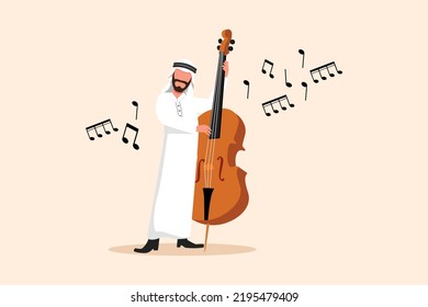 Business flat cartoon drawing double bass player with big string instrument. Arabian man musician playing classical music with fingers. Professional contrabassist. Graphic design vector illustration