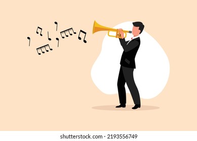 Business flat cartoon drawing man play trumpet. Music instrumental. Jazz musician playing trumpet instrument. Trumpet player. Orchestra performer. Music performance. Graphic design vector illustration
