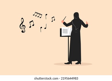 Business Flat Cartoon Style Character Drawing Back View Arab Woman Conductor Performing On Stage, Female Musician Directing Classic Instrumental Symphony Orchestra. Graphic Design Vector Illustration