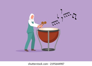 Business flat cartoon style character drawing young Arabian female percussion player play on timpani. Woman performer holding stick and playing musical instrument. Graphic design vector illustration