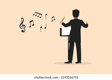 Business flat cartoon style draw back view of man conductor performing on stage, male musician in tuxedo directing classic instrumental symphony orchestra. Graphic character design vector illustration