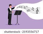 Business flat cartoon style drawing man music conductor. Musician perform on stage directing symphony orchestra. Classical music performance, instrumental ensemble. Graphic design vector illustration