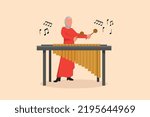 Business flat cartoon style drawing Arabian woman percussion player play marimba. Female musician playing traditional Mexican marimba instrument at music festival. Graphic design vector illustration