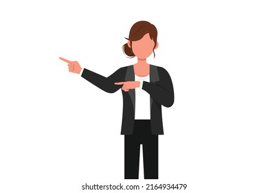 Estilo de caricatura plana de negocios que atrae a una mujer de negocios que apunta de la mano y muestra o presenta algo mientras se pone de pie y sonríe. Emoción y lenguaje corporal. Ilustración vectorial de diseño gráfico