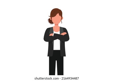 Business flat cartoon style drawing confident young businesswoman with keeping arms crossed. Active female manager or office worker standing with folded arms pose. Graphic design vector illustration