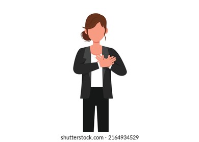 Caricatura plana de negocios al estilo de dibujar a una mujer de negocios con la mano en el pecho. Mujeres que sufren de dolor torácico o infarto. Atención de la salud. Emoción y lenguaje corporal. Ilustración vectorial de diseño gráfico