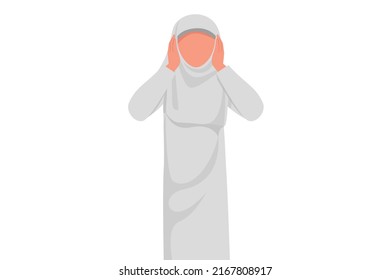 Business flat cartoon style drawing Arab businesswoman covering or closing her ears with hands, don't hear or listen gesture. Person who hate loud sound or music. Graphic design vector illustration