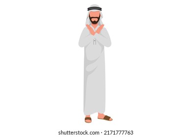 Business flat cartoon style drawing Arabian businessman with crossing arms and saying no gesture. Man making X shape, stop sign with hands and negative expression. Graphic design vector illustration