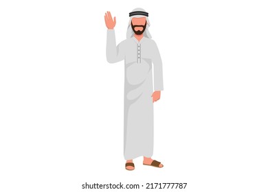 Business flat cartoon style drawing Arab businessman standing and rejecting something with stop hand gesture. Strict boss showing stop gesture sign with palm hand. Graphic design vector illustration