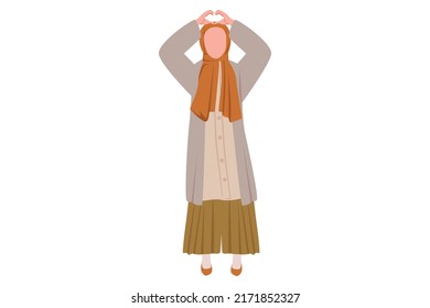 Business flat cartoon style drawing Arabian businesswoman showing heart sign with hands, support, care. Young lady show love sign gesture with two finger upper head. Graphic design vector illustration