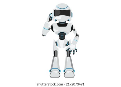 Business flat cartoon style drawing robot touching temples, remembering something, feeling tired exhausted. Robotic artificial intelligence. Electronic technology. Graphic design vector illustration