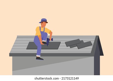 Business Flat Cartoon Style Drawing Roofer Installing Wooden Or Bitumen Shingle. Roofer Man Fixing House Roof With Electric Screwdriver. Repairman Repair Occupation. Graphic Design Vector Illustration