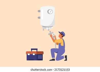 Business flat cartoon style drawing repairman or plumber in overalls installing water heater or boiler. Home repair, maintenance plumbing services. Handyman concept. Graphic design vector illustration