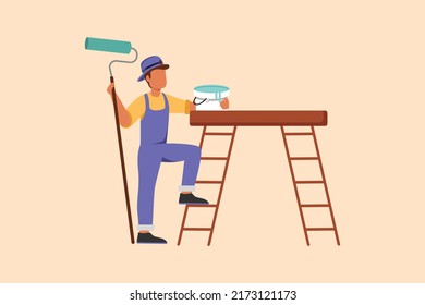 Business flat cartoon style drawing repairman painter in overalls standing with painting roller brush, bucket, ladder. Room painter. Handyman. Construction worker. Graphic design vector illustration