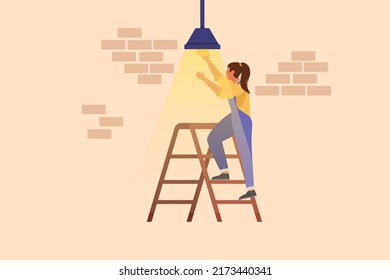 Business flat cartoon style drawing worker electrician standing on ladder change light bulb. Professional repairwoman in overalls working. Electricity reparation. Graphic design vector illustration